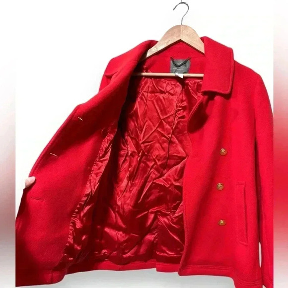 J. Crew Cherry Red Double Breasted Wool Majesty Gold Button Winter Pea Coat 6 - Picture 6 of 11